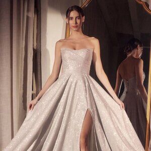 New Evening A-Line Glitter Maxi Dress w/ Pleated Details & Lace Up Back CDT701
